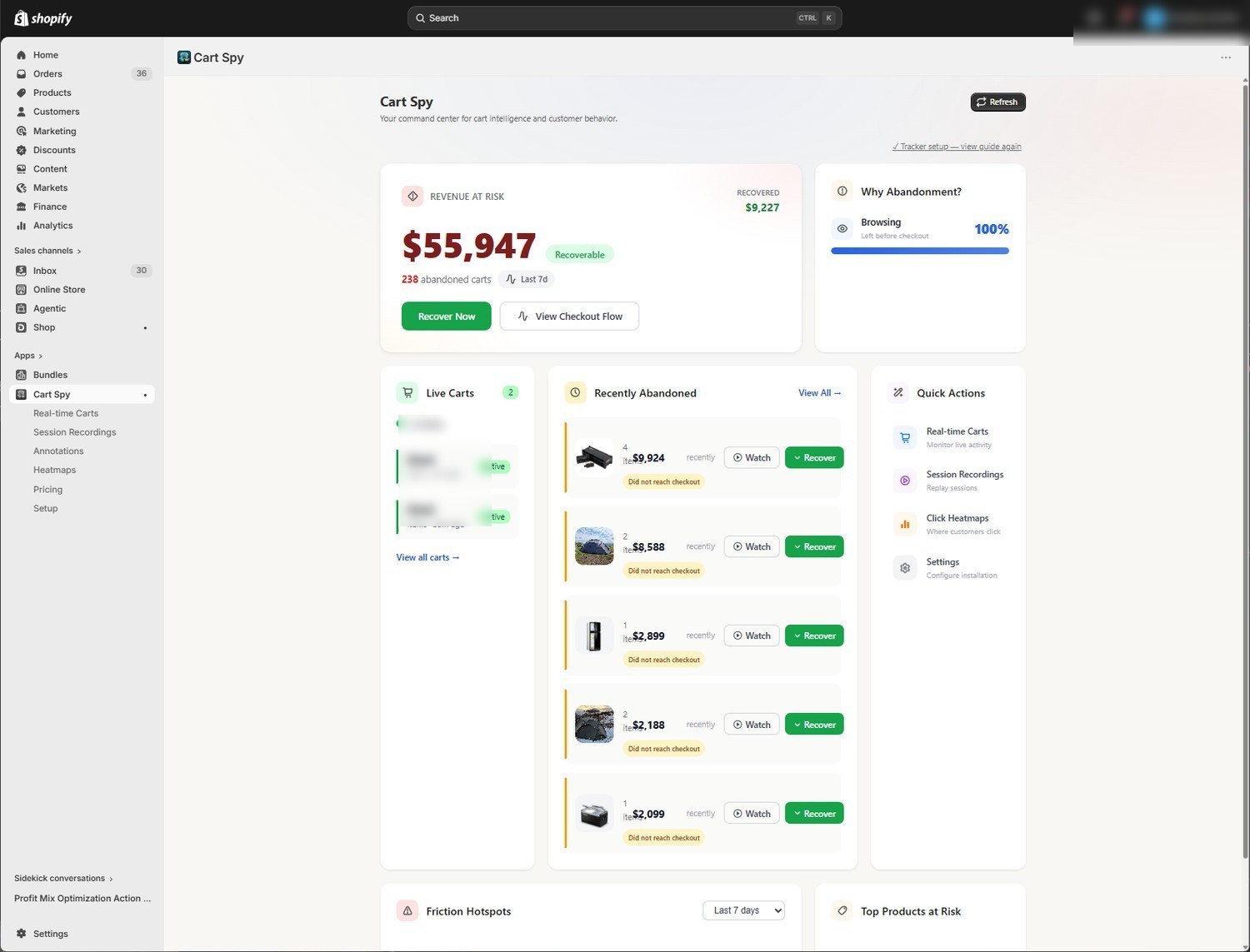 Cart Spy dashboard inside Shopify admin showing $55,947 of revenue at risk across 238 abandoned carts, with live carts and recently abandoned products