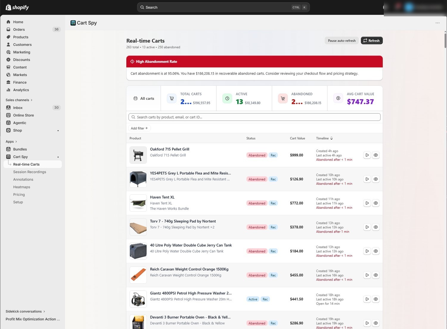 Cart Spy real-time carts list showing active and abandoned carts with values and statuses